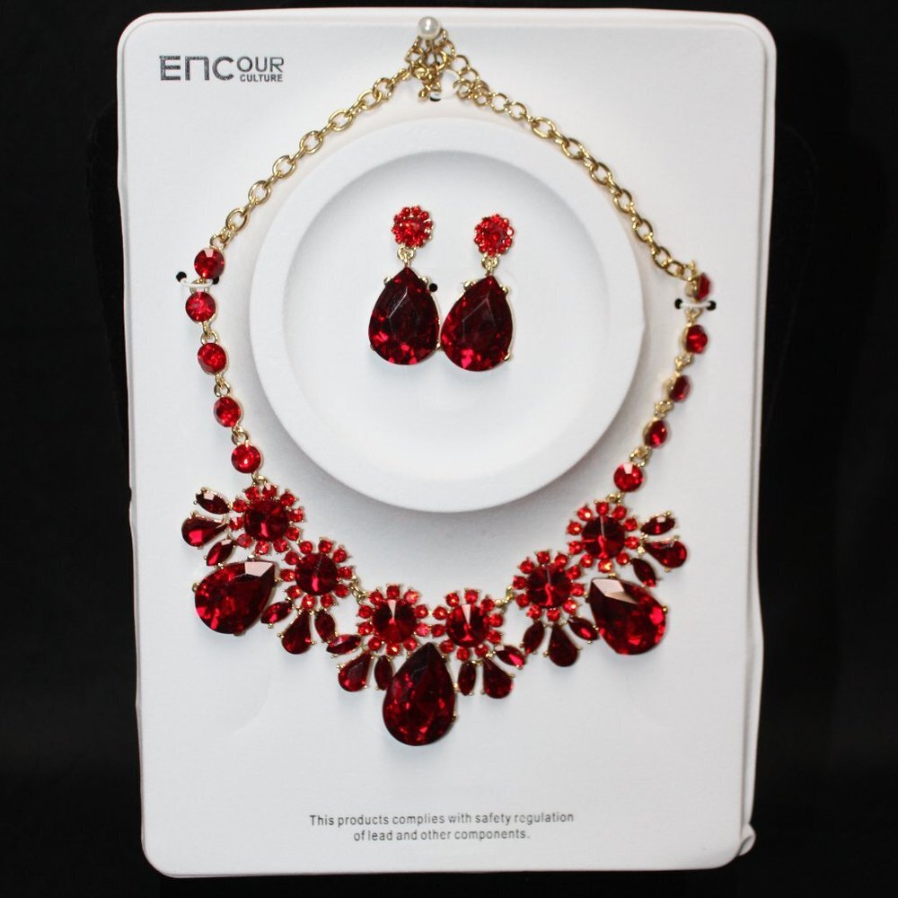 Fashion Jewelry Red Jeweled Necklace and Earrings